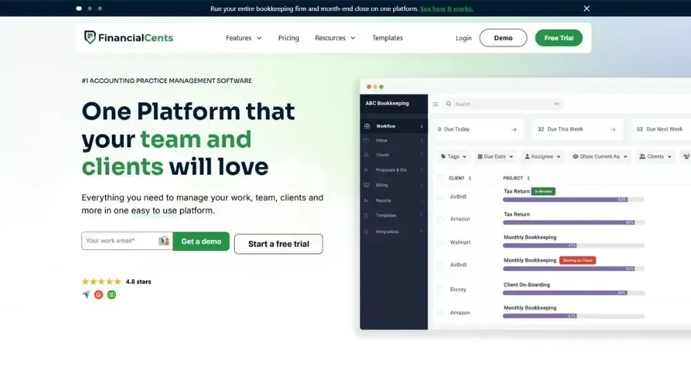 FinancialCents website homepage showing "One Platform that your team and clients will love" hero section with workflow dashboard interface
