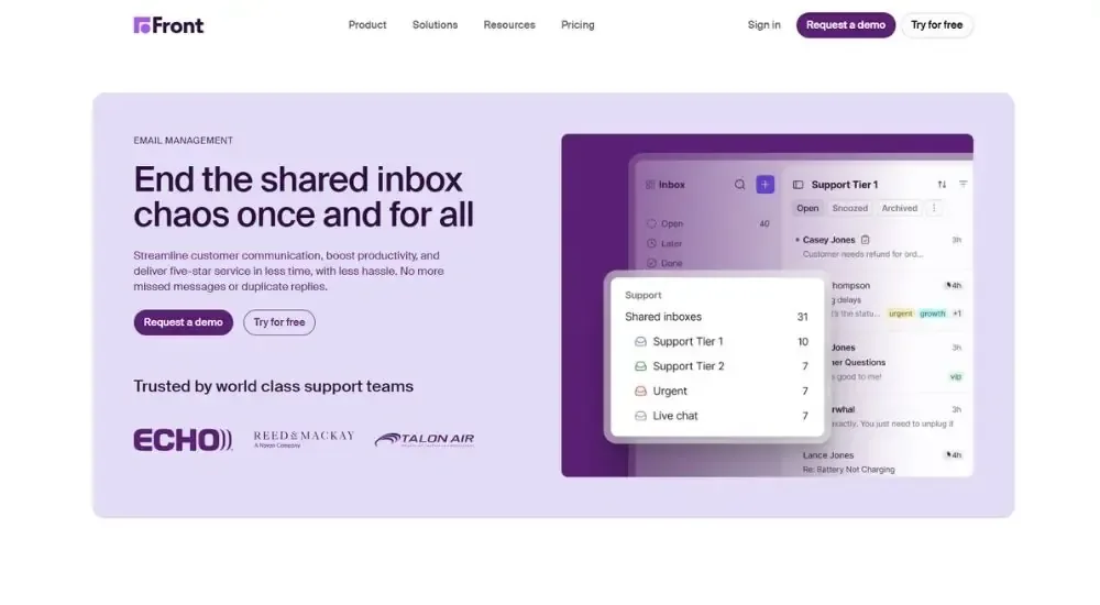 Front shared inbox email management platform landing page featuring collaborative inbox solution for support teams, customer logos, and interface mockup showing tiered inbox organization, email threading, and team collaboration features with free trial signup option.