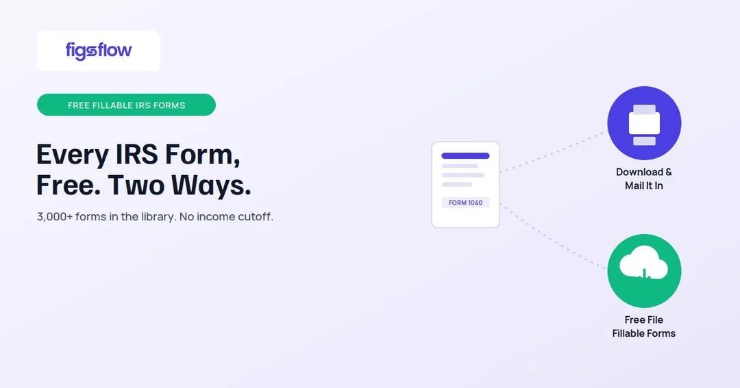 A graphic promoting free fillable IRS forms with options to download or file online.